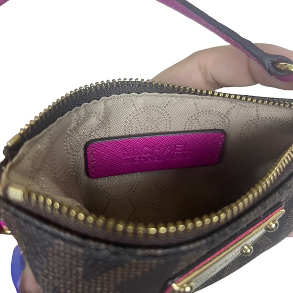 Michael Kors Jet Set Signature Monogram Small Wristlet Wallet Brown Gold Magenta - Picture 5 of 10